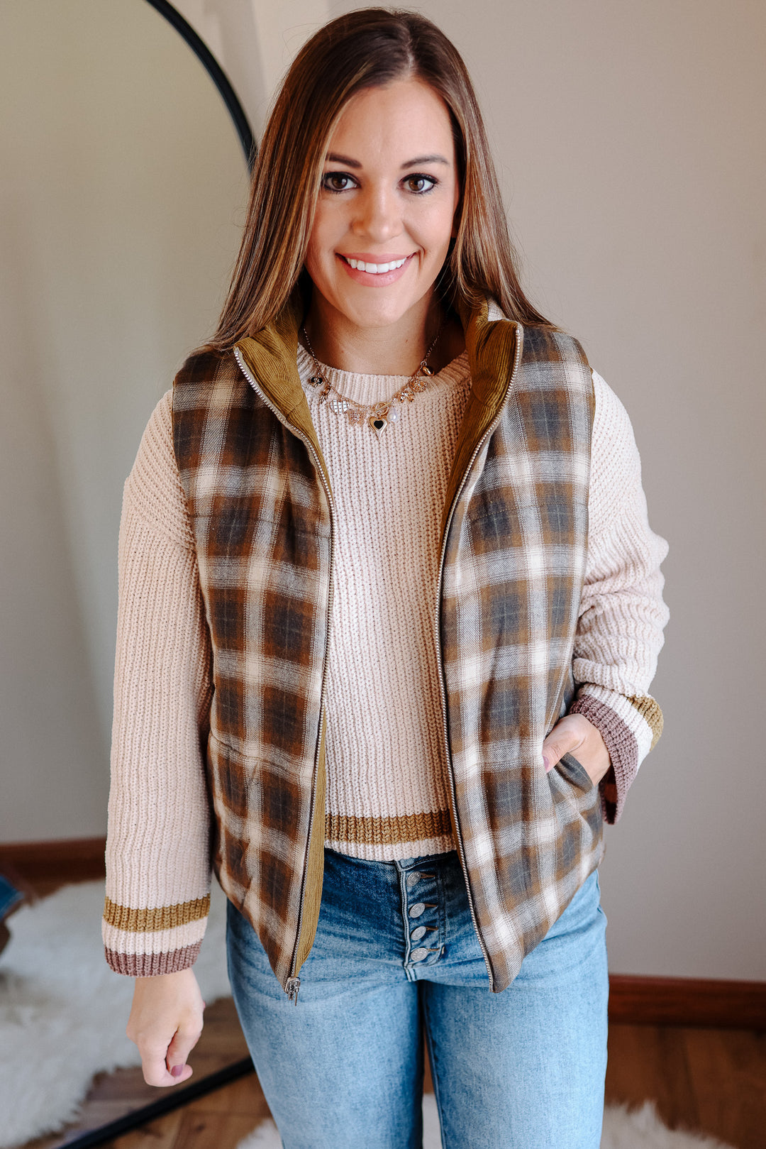 Essie Corduroy & Plaid Reversible Puffer Vest - Olive