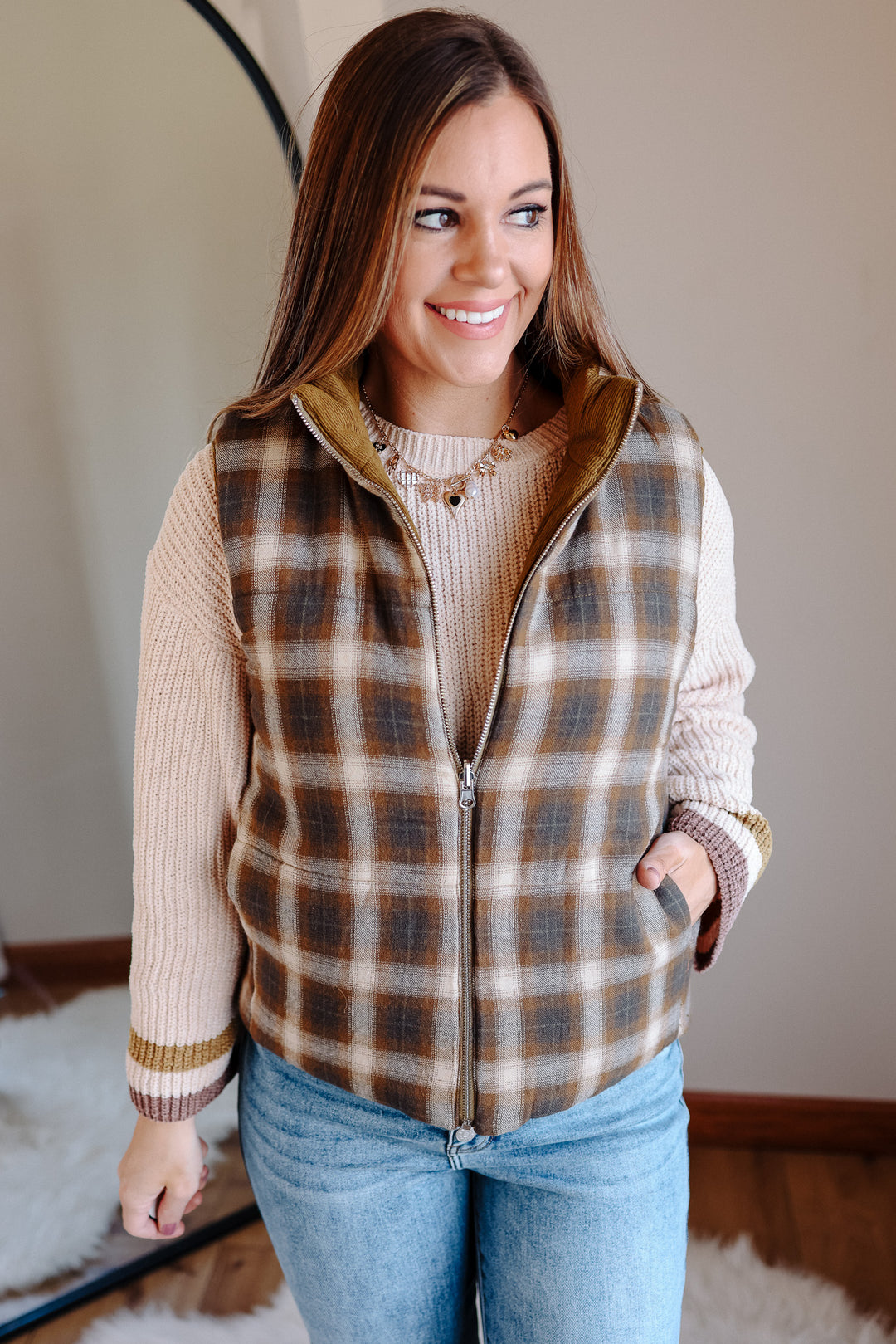 Essie Corduroy & Plaid Reversible Puffer Vest - Olive