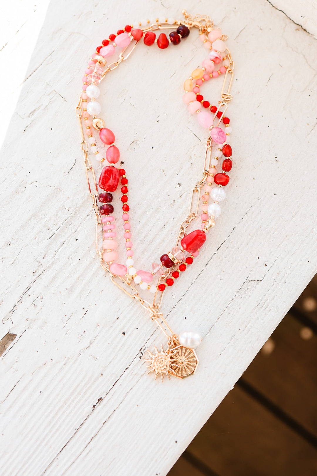 Layered Beaded Sun and Pearl Charms Chain Necklace