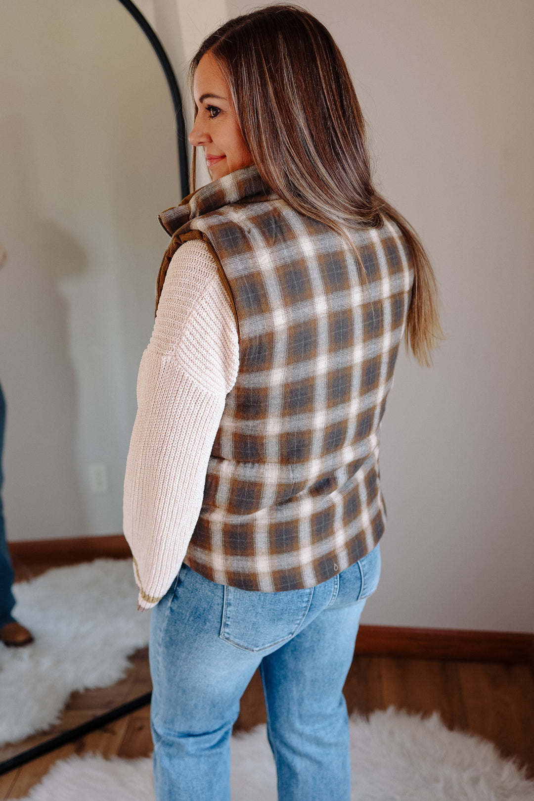 Essie Corduroy & Plaid Reversible Puffer Vest - Olive