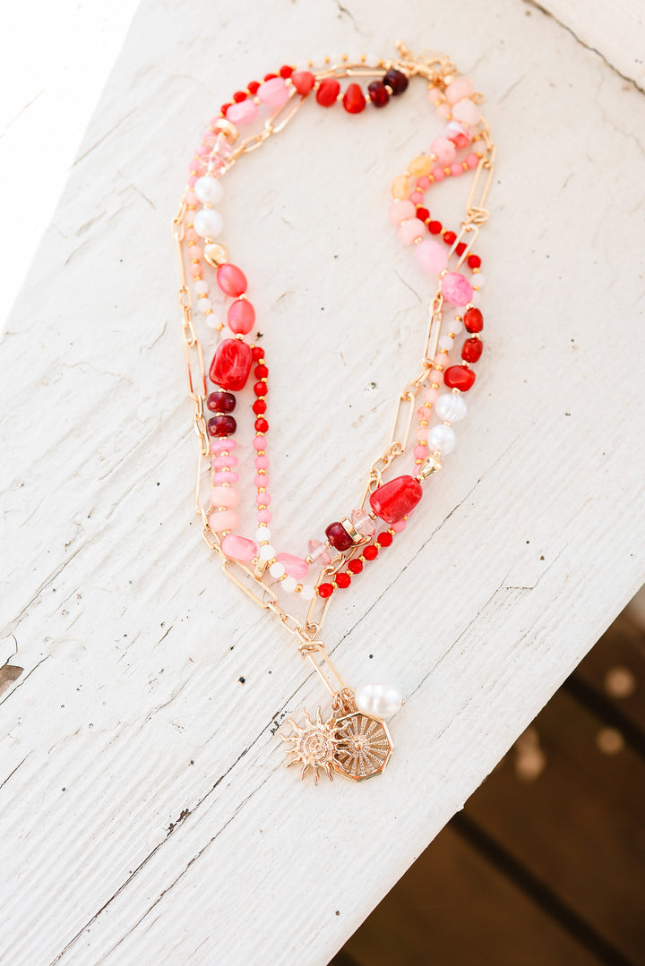 Layered Beaded Sun and Pearl Charms Chain Necklace
