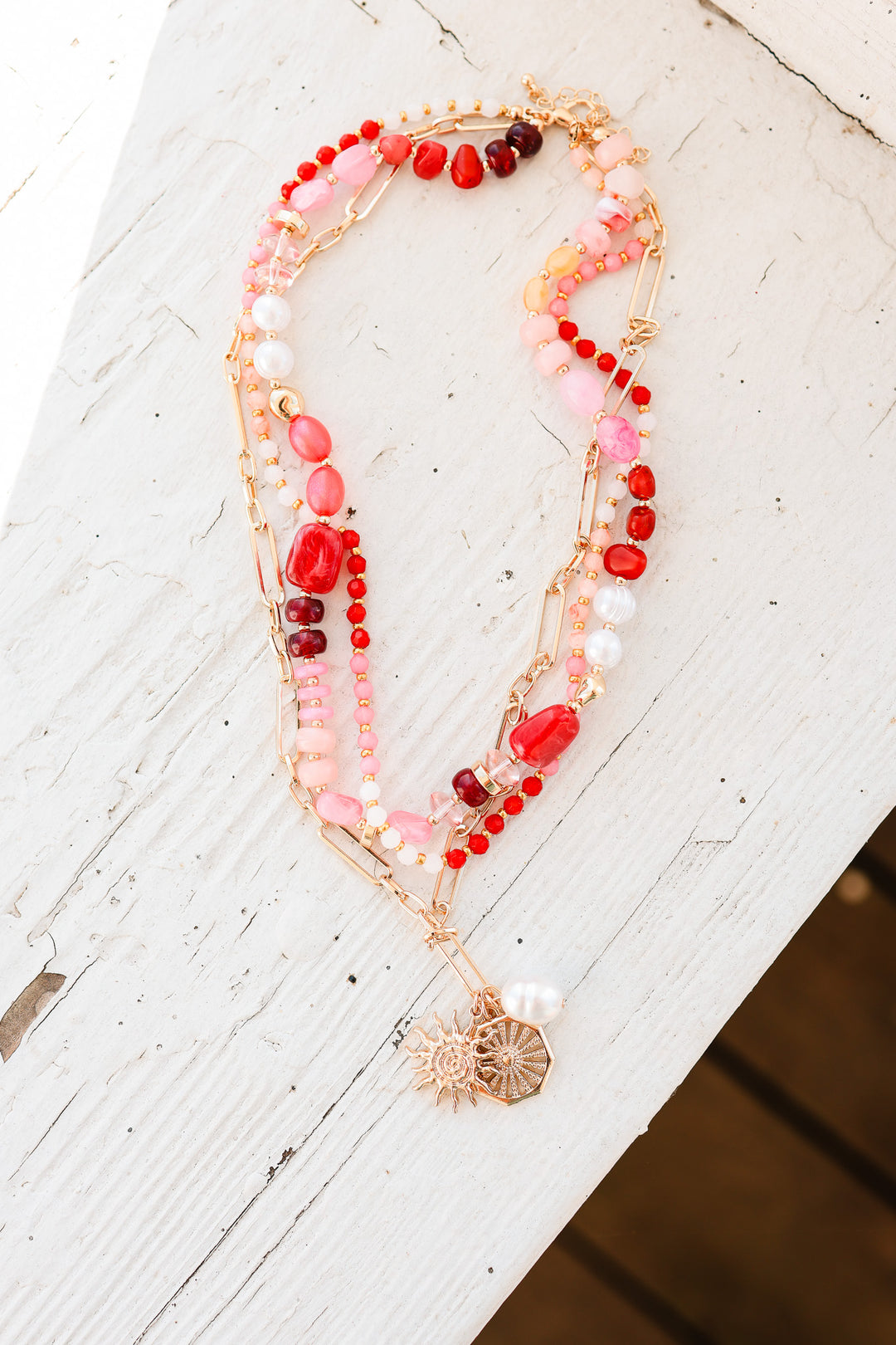 Layered Beaded Sun and Pearl Charms Chain Necklace