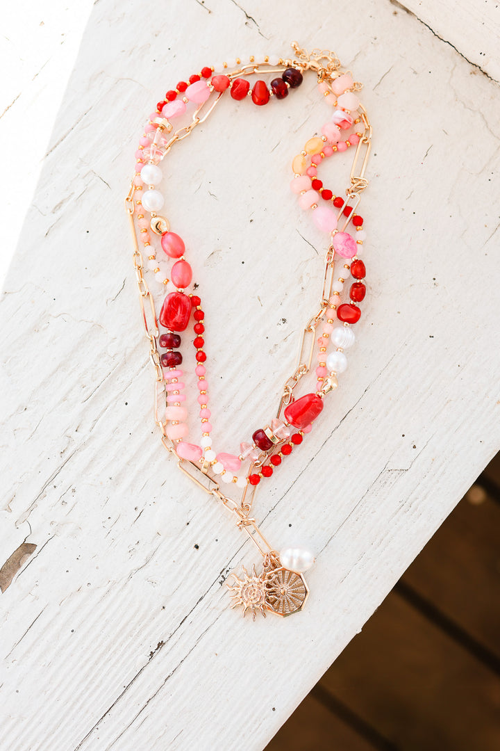 Layered Beaded Sun and Pearl Charms Chain Necklace