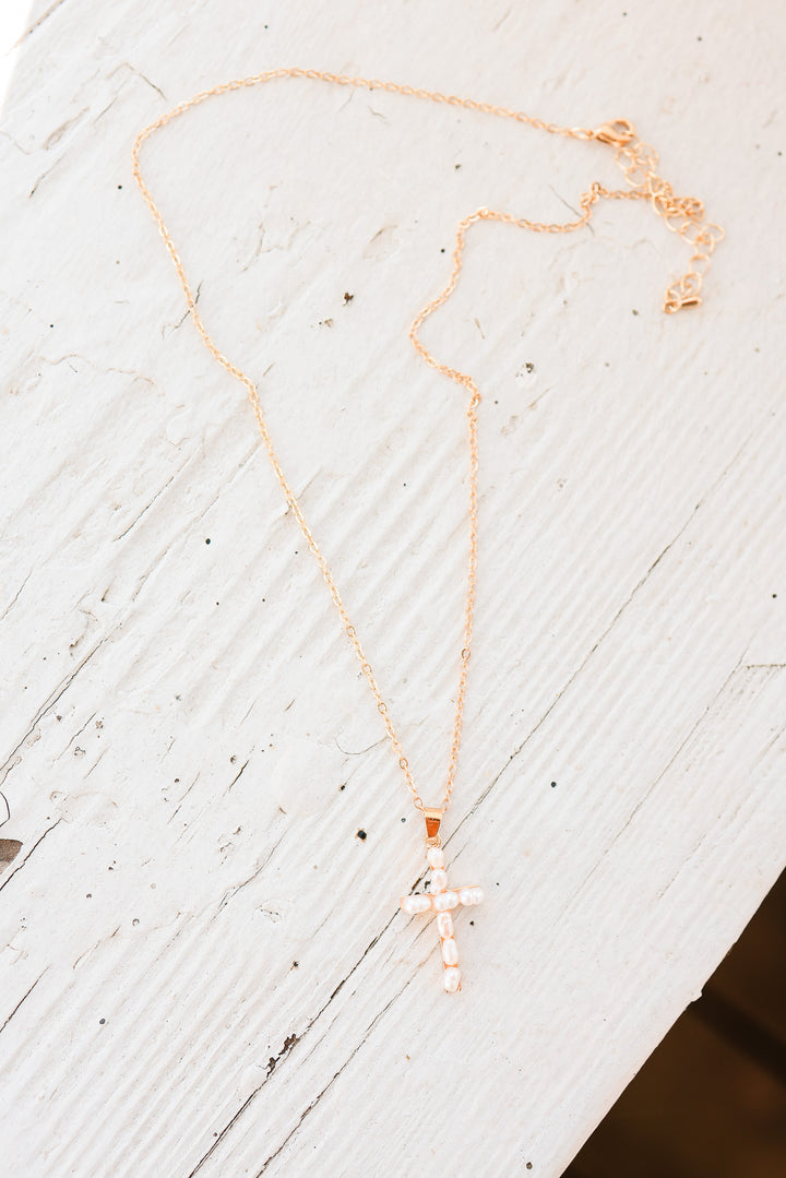 Gold Cross Pearl Pendant Necklace