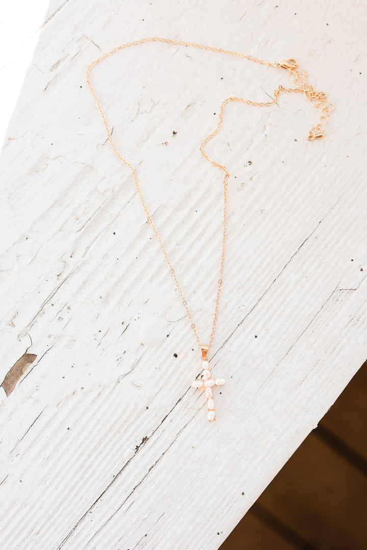 Gold Cross Pearl Pendant Necklace