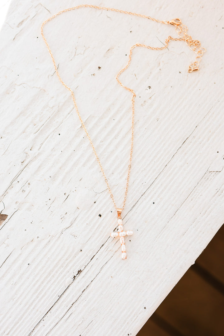 Gold Cross Pearl Pendant Necklace