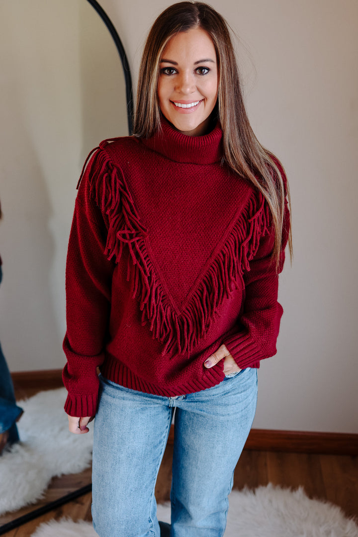 Gracie Fringe Mockneck Sweater-Burgundy