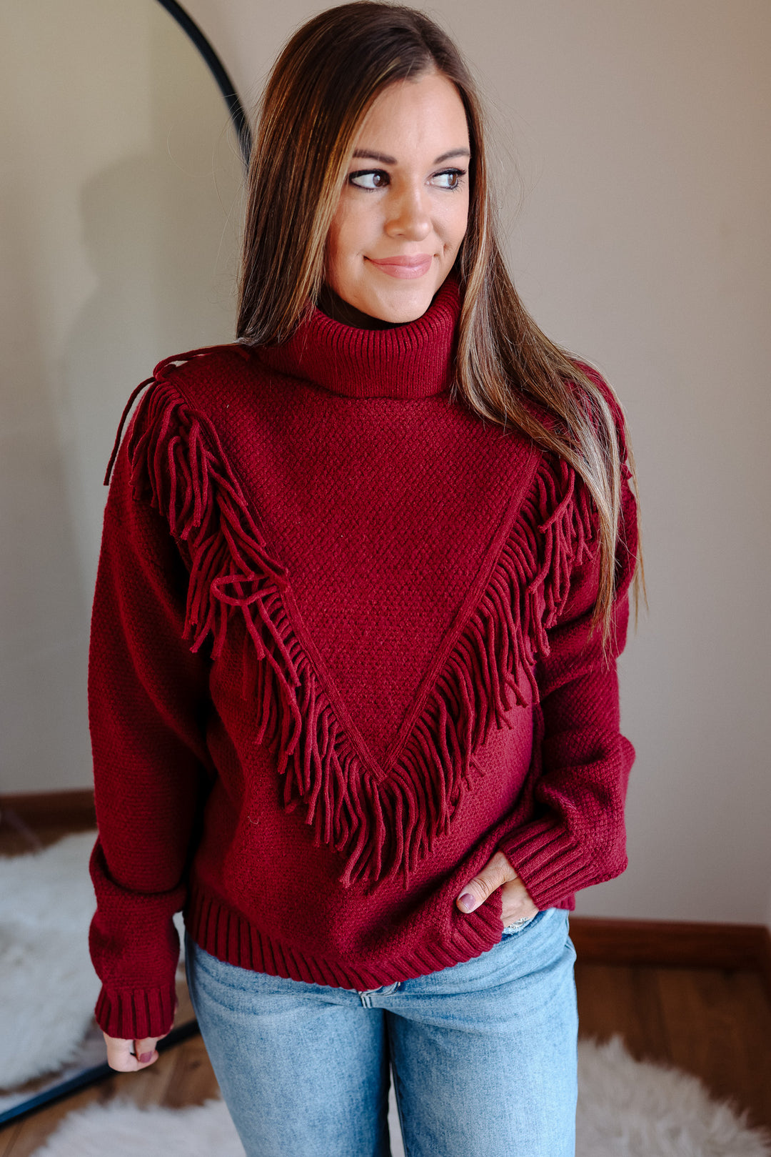 Gracie Fringe Mockneck Sweater-Burgundy