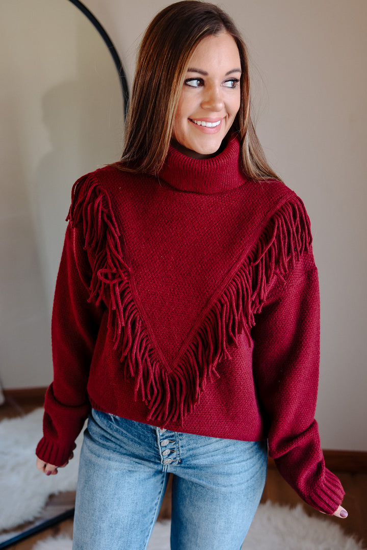 Gracie Fringe Mockneck Sweater-Burgundy