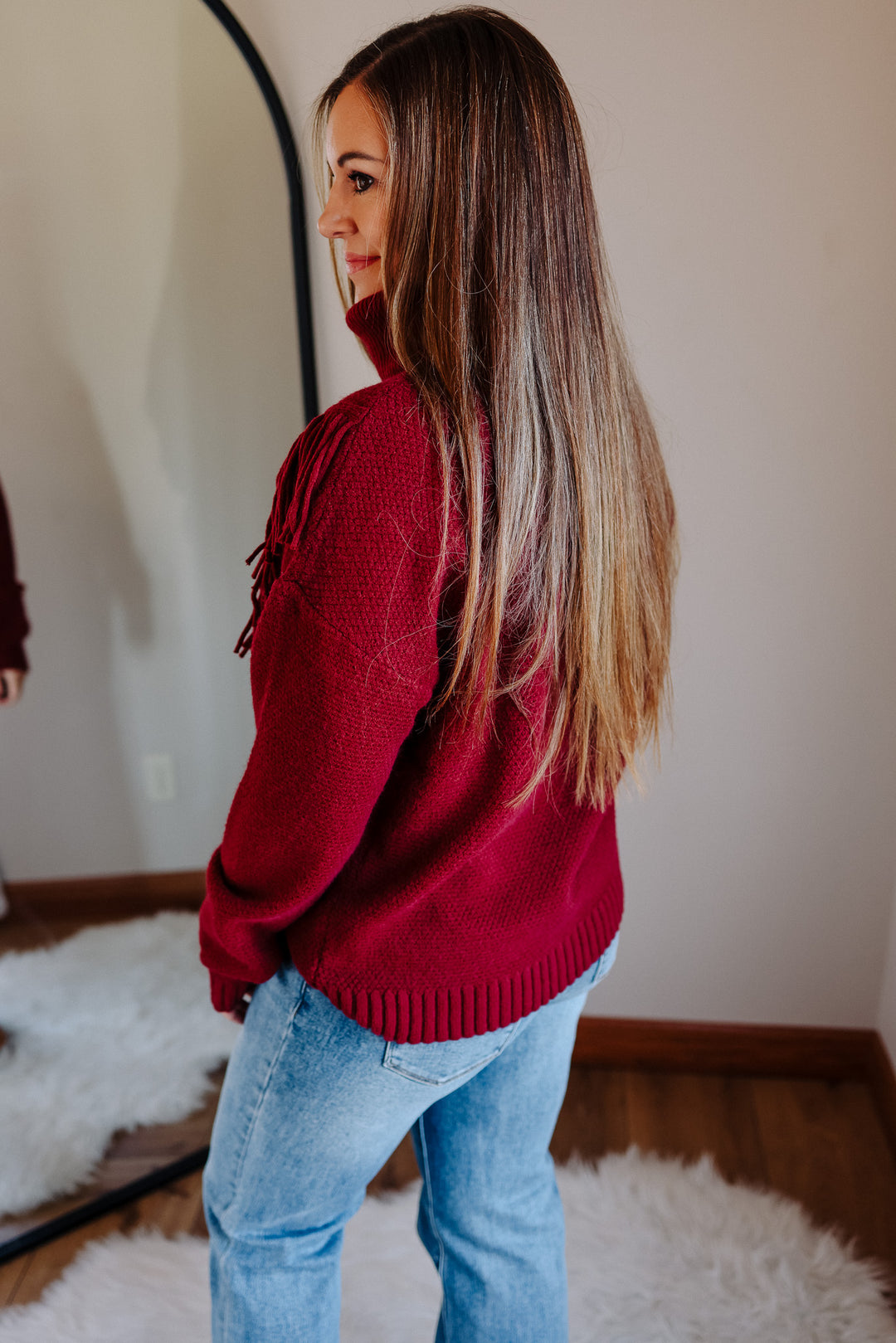 Gracie Fringe Mockneck Sweater-Burgundy
