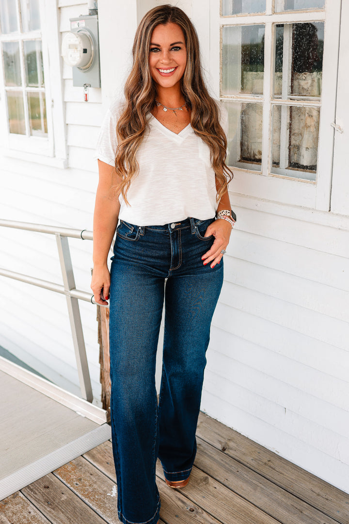 RISEN: Dylan High Rise Wide Leg Jeans - Dark