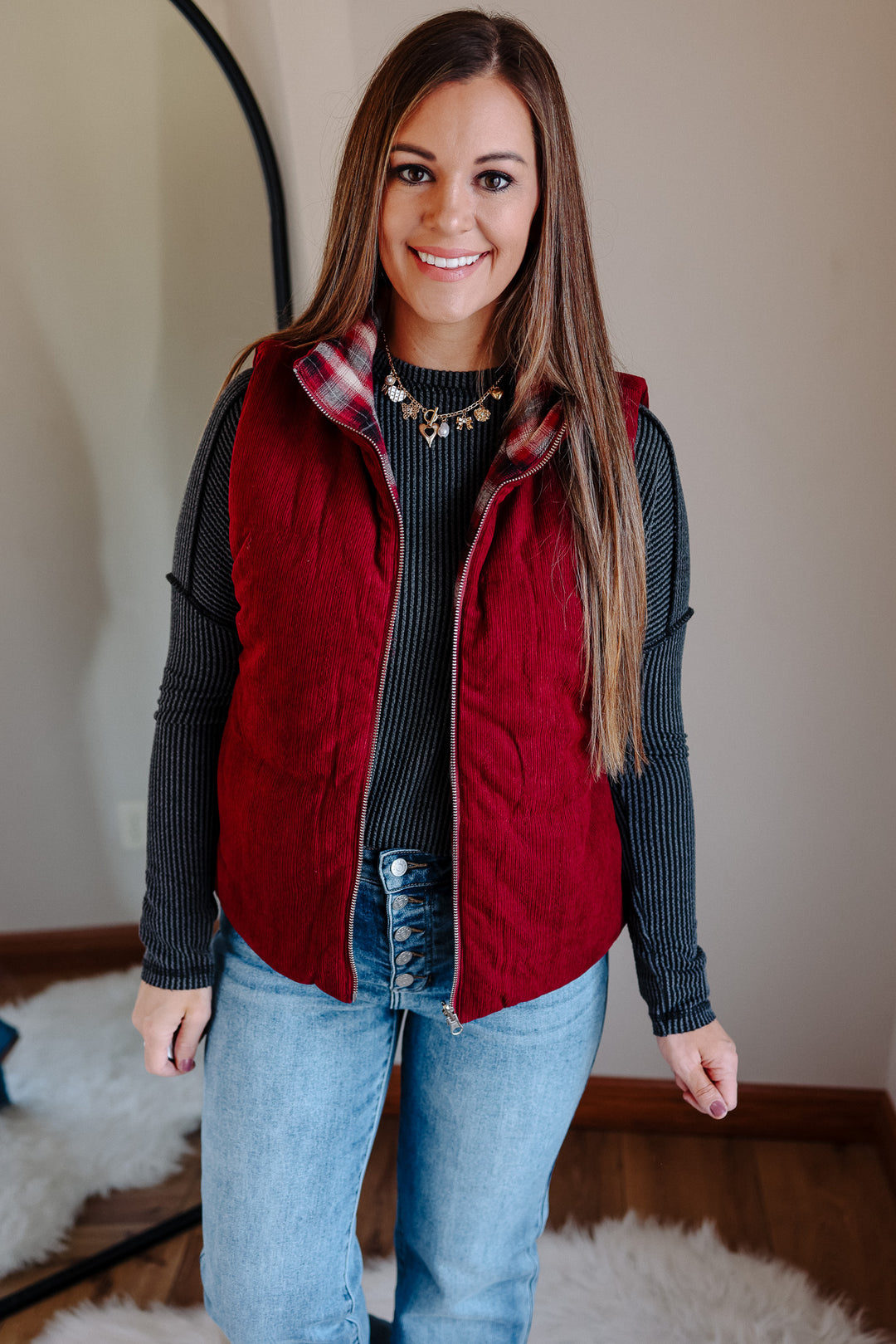 Essie Corduroy & Plaid Reversible Puffer Vest - Wine