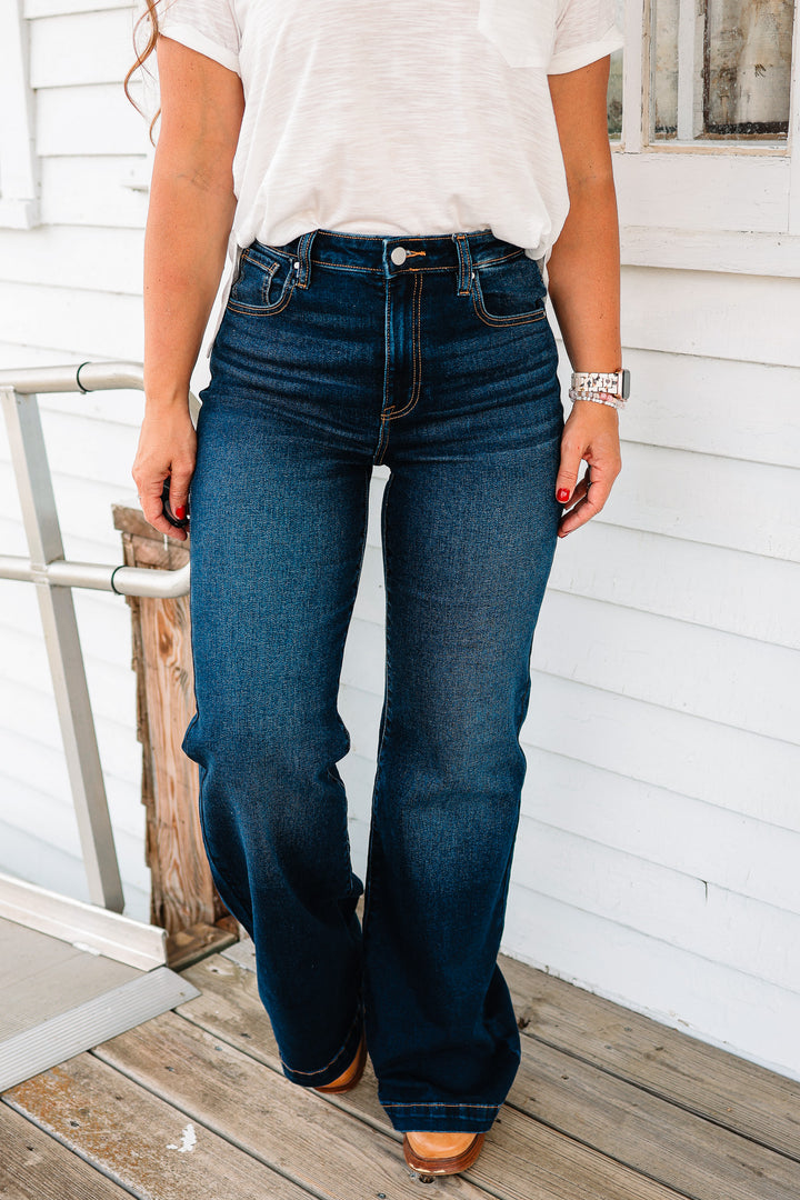 RISEN: Dylan High Rise Wide Leg Jeans - Dark