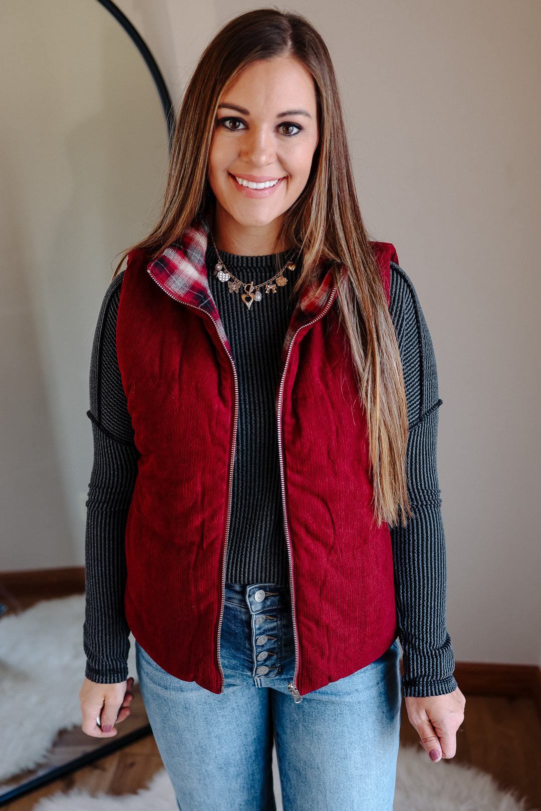 Essie Corduroy & Plaid Reversible Puffer Vest - Wine
