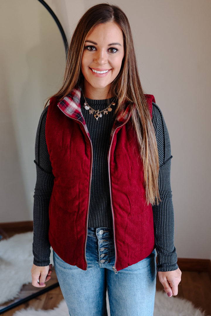 Essie Corduroy & Plaid Reversible Puffer Vest - Wine