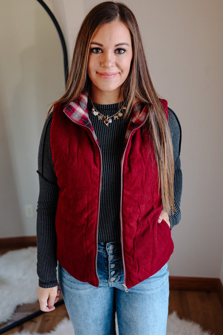 Essie Corduroy & Plaid Reversible Puffer Vest - Wine