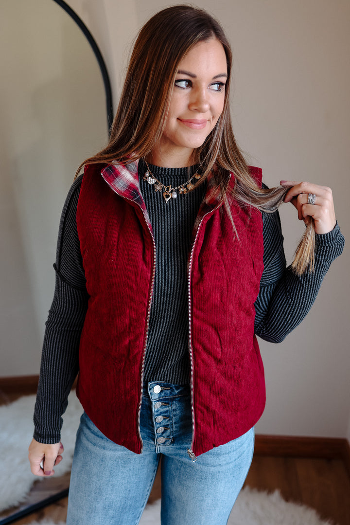Essie Corduroy & Plaid Reversible Puffer Vest - Wine