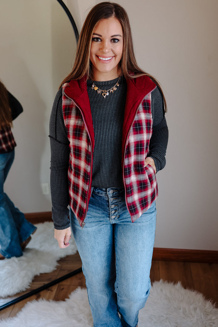 Essie Corduroy & Plaid Reversible Puffer Vest - Wine