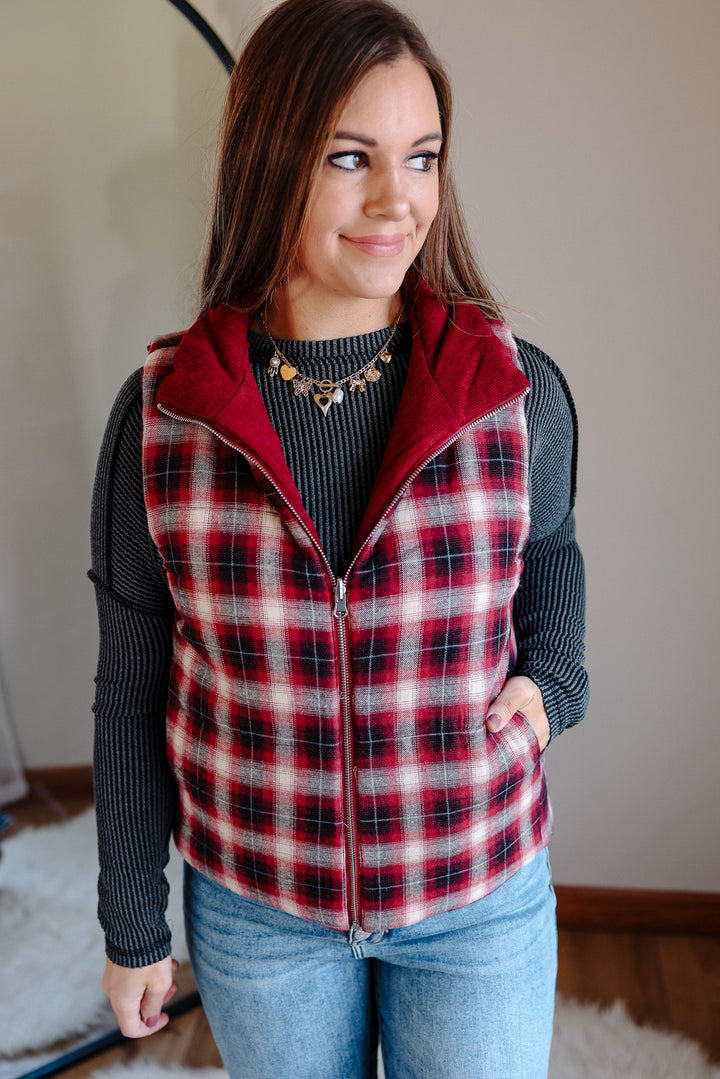 Essie Corduroy & Plaid Reversible Puffer Vest - Wine