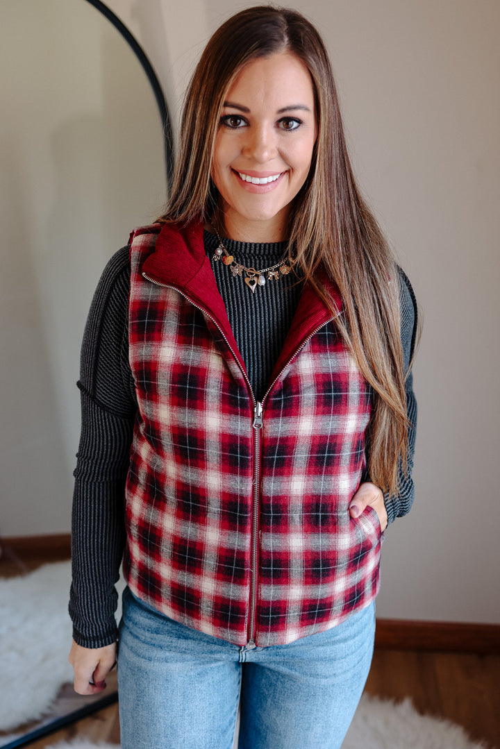Essie Corduroy & Plaid Reversible Puffer Vest - Wine