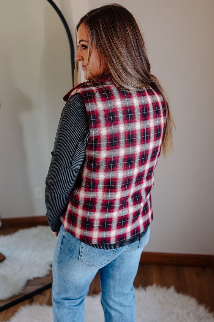 Essie Corduroy & Plaid Reversible Puffer Vest - Wine