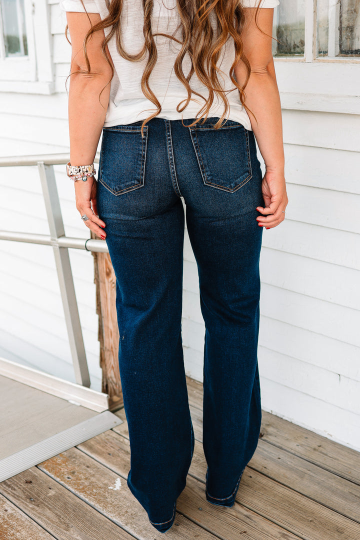 RISEN: Dylan High Rise Wide Leg Jeans - Dark