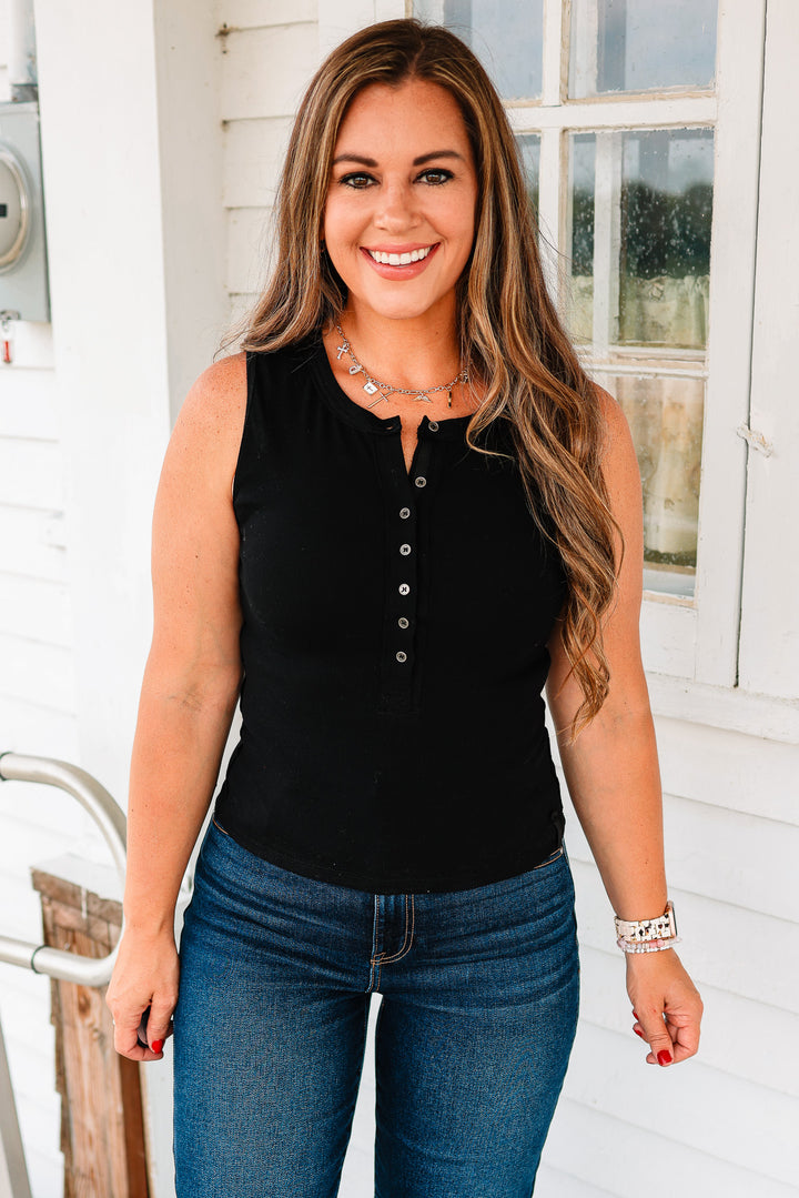 Aimee Ribbed Henley Tank Top - Black