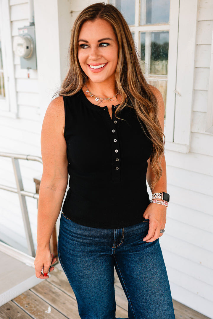 Aimee Ribbed Henley Tank Top - Black