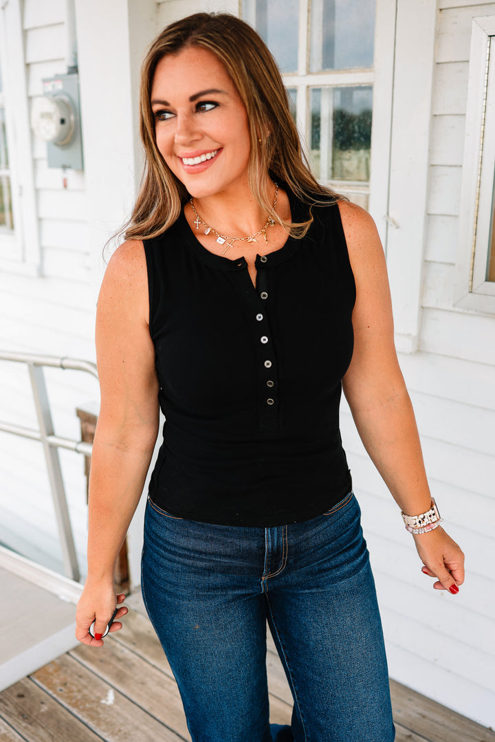 Aimee Ribbed Henley Tank Top - Black