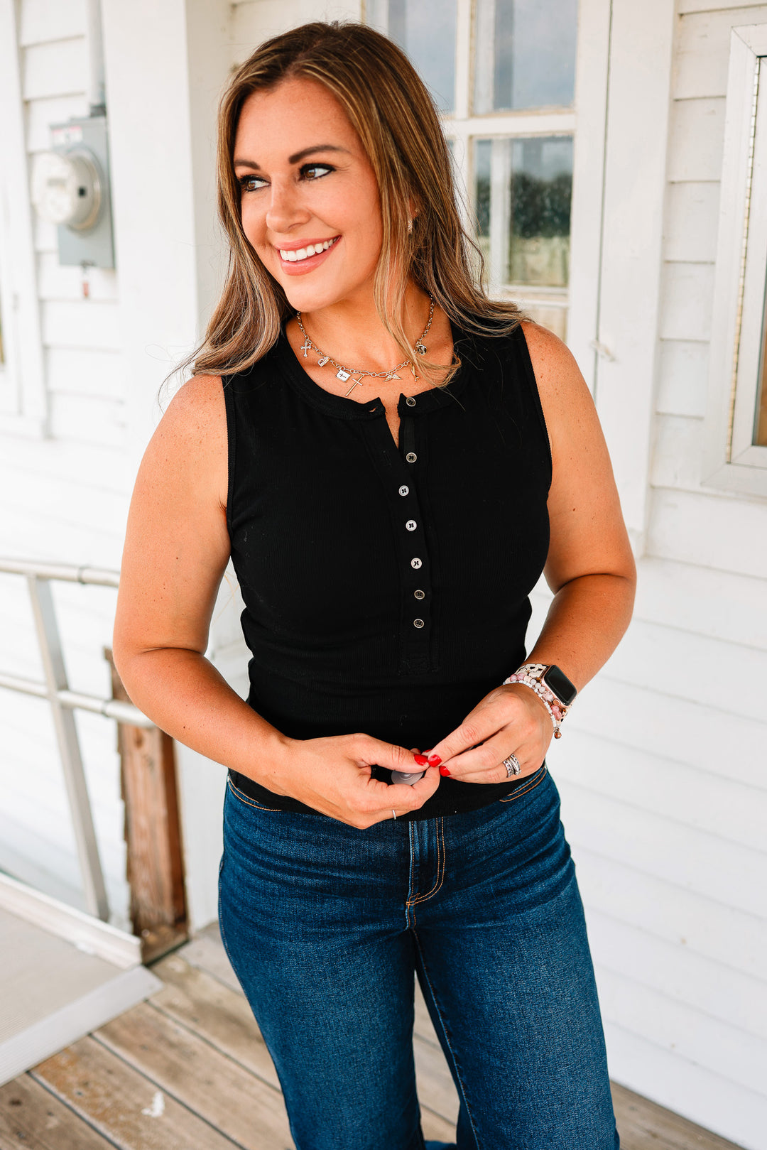Aimee Ribbed Henley Tank Top - Black