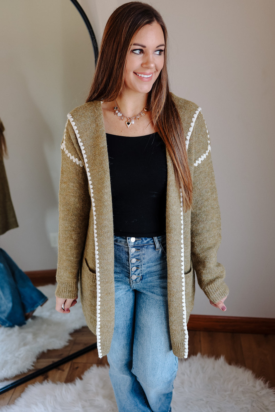 Tess Stitched Hoodie Cardigan- Mustard