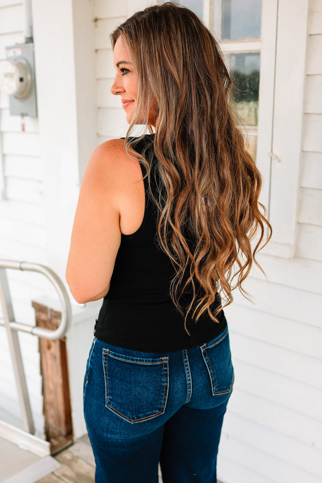 Aimee Ribbed Henley Tank Top - Black