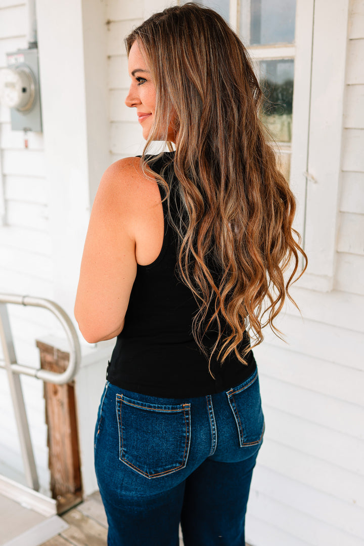 Aimee Ribbed Henley Tank Top - Black