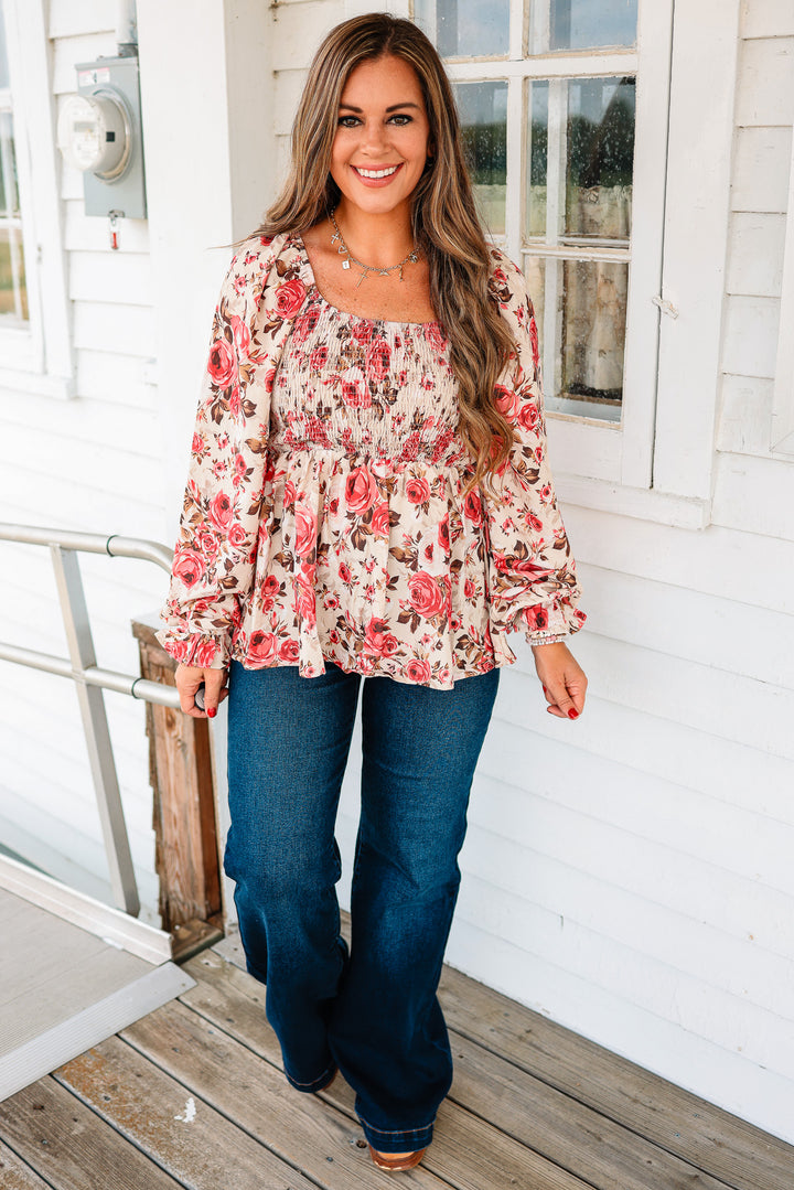 Maren Floral Smocking Top - Taupe/Rose