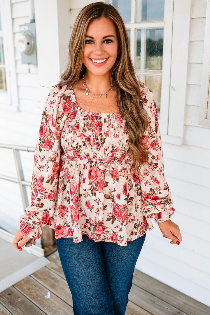 Maren Floral Smocking Top - Taupe/Rose