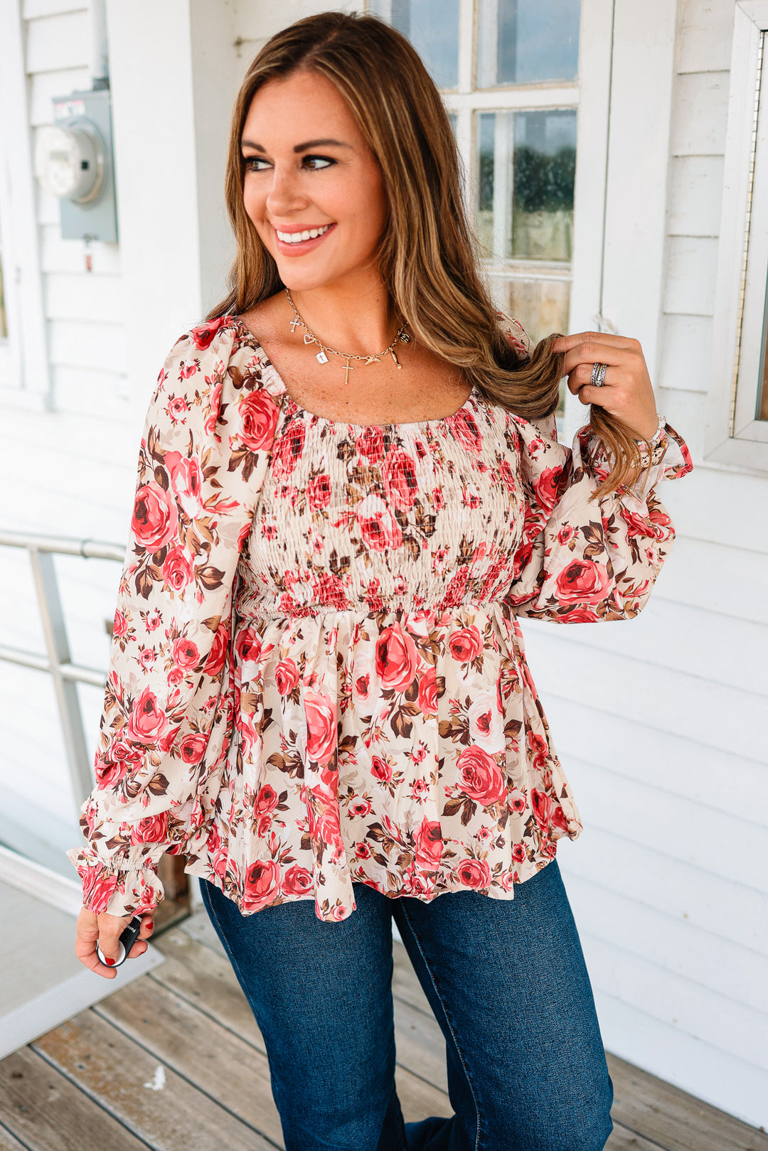 Maren Floral Smocking Top - Taupe/Rose