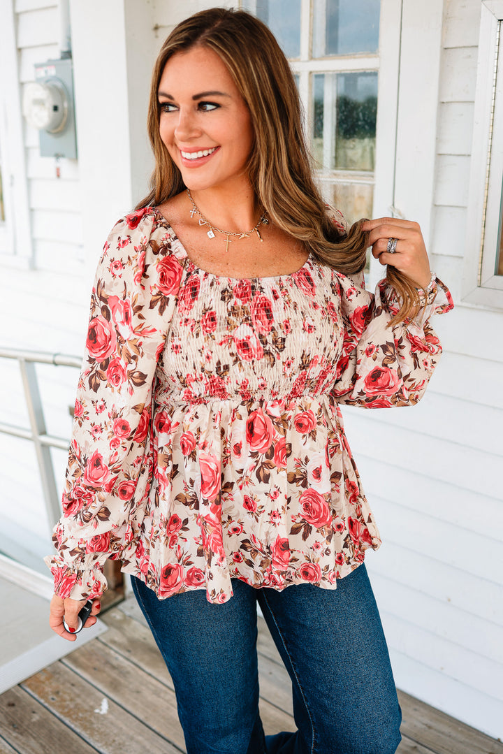 Maren Floral Smocking Top - Taupe/Rose