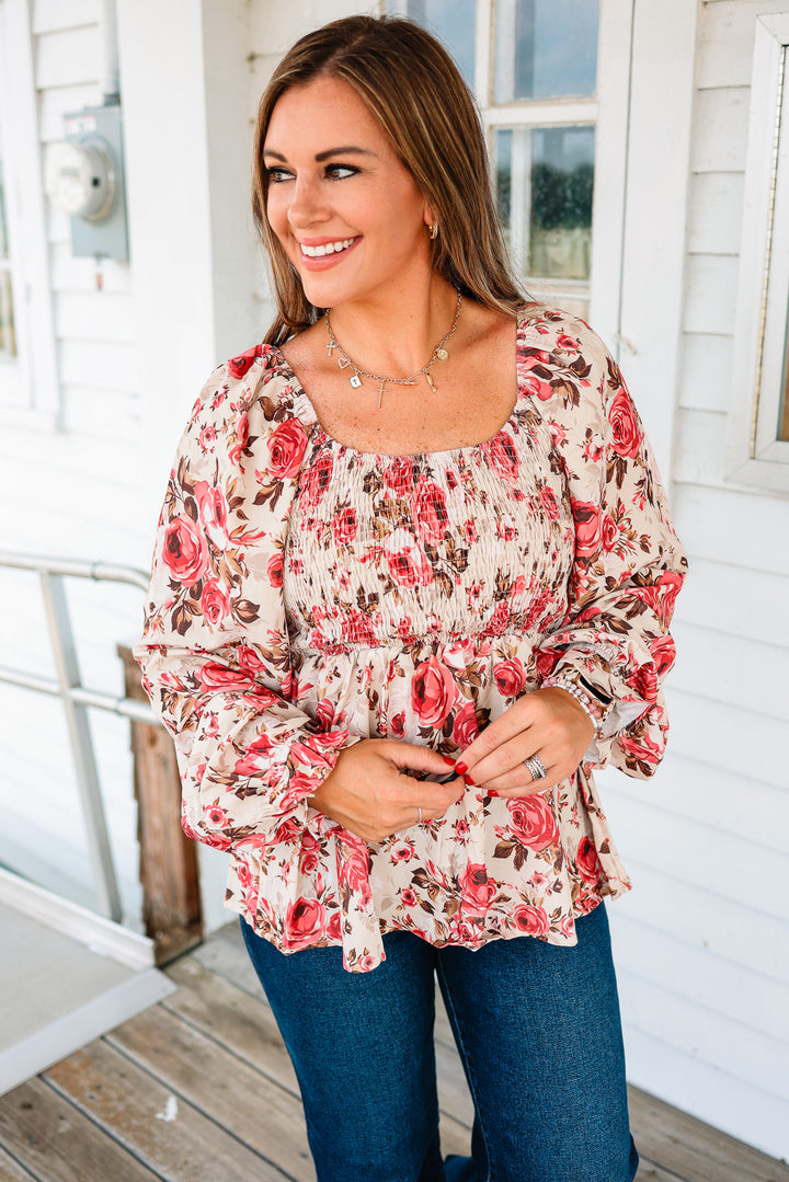Maren Floral Smocking Top - Taupe/Rose