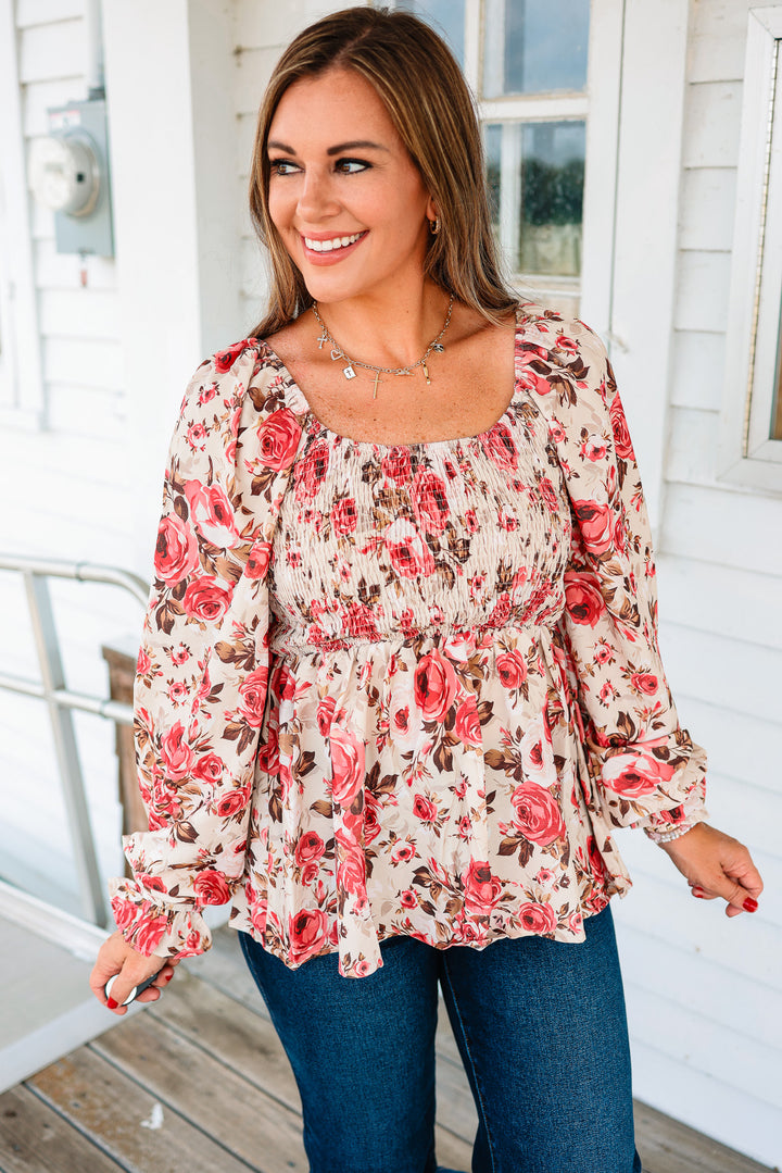 Maren Floral Smocking Top - Taupe/Rose