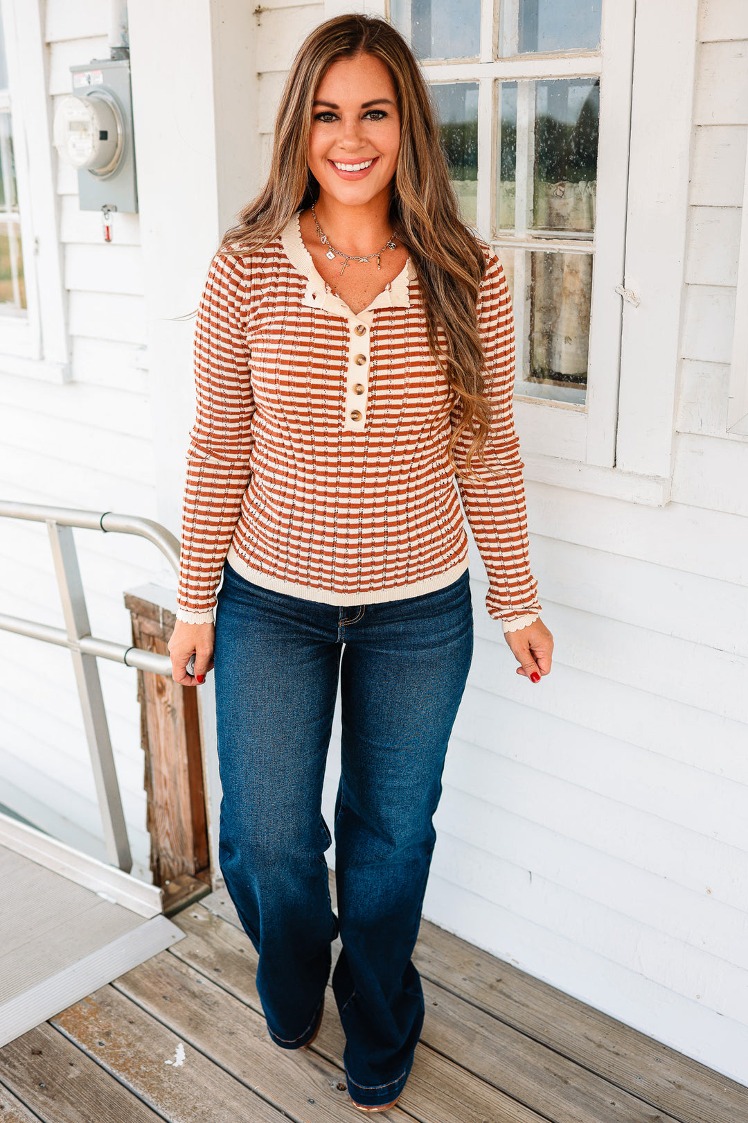 Gemma Pointelle Stripe Henley Top - Rust
