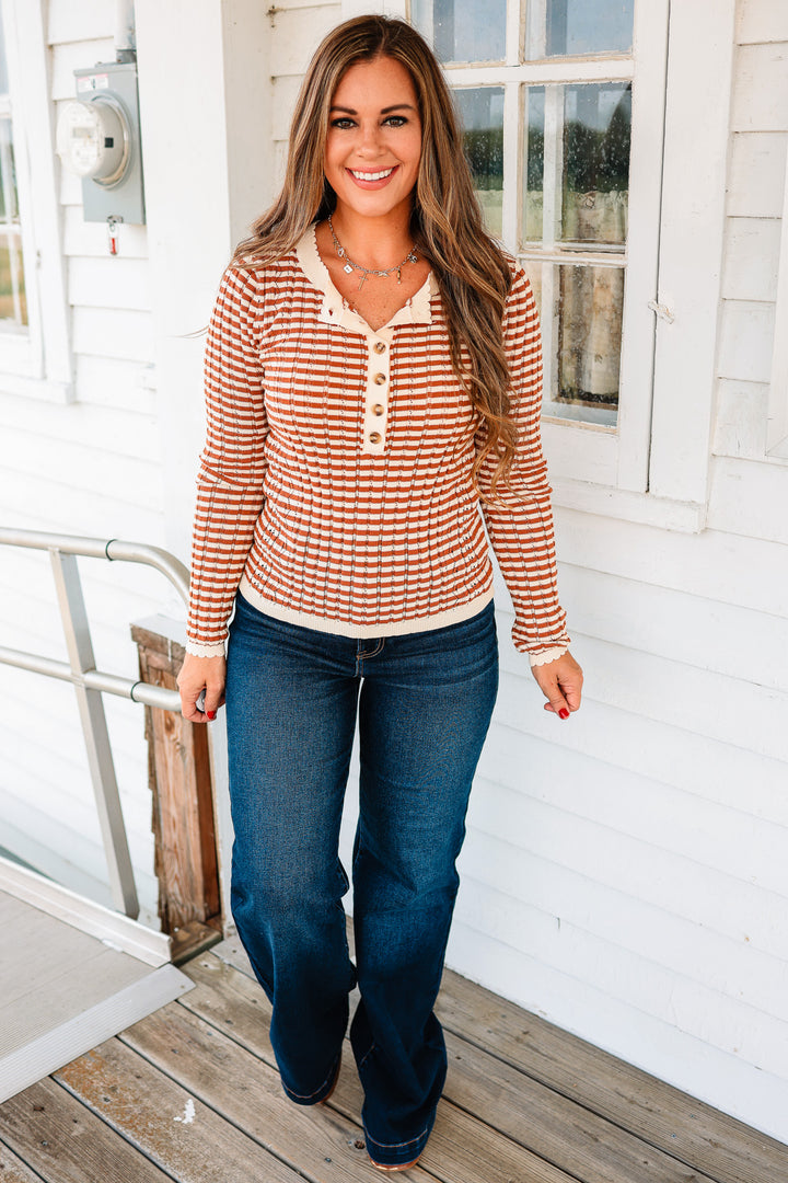 Gemma Pointelle Stripe Henley Top - Rust