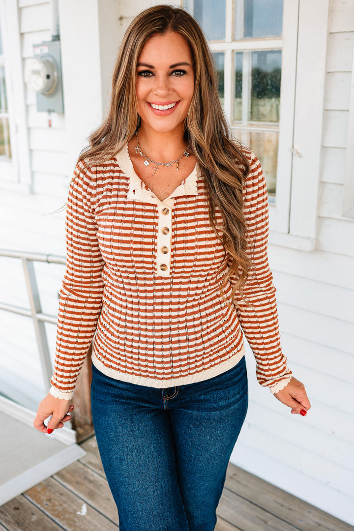 Gemma Pointelle Stripe Henley Top - Rust
