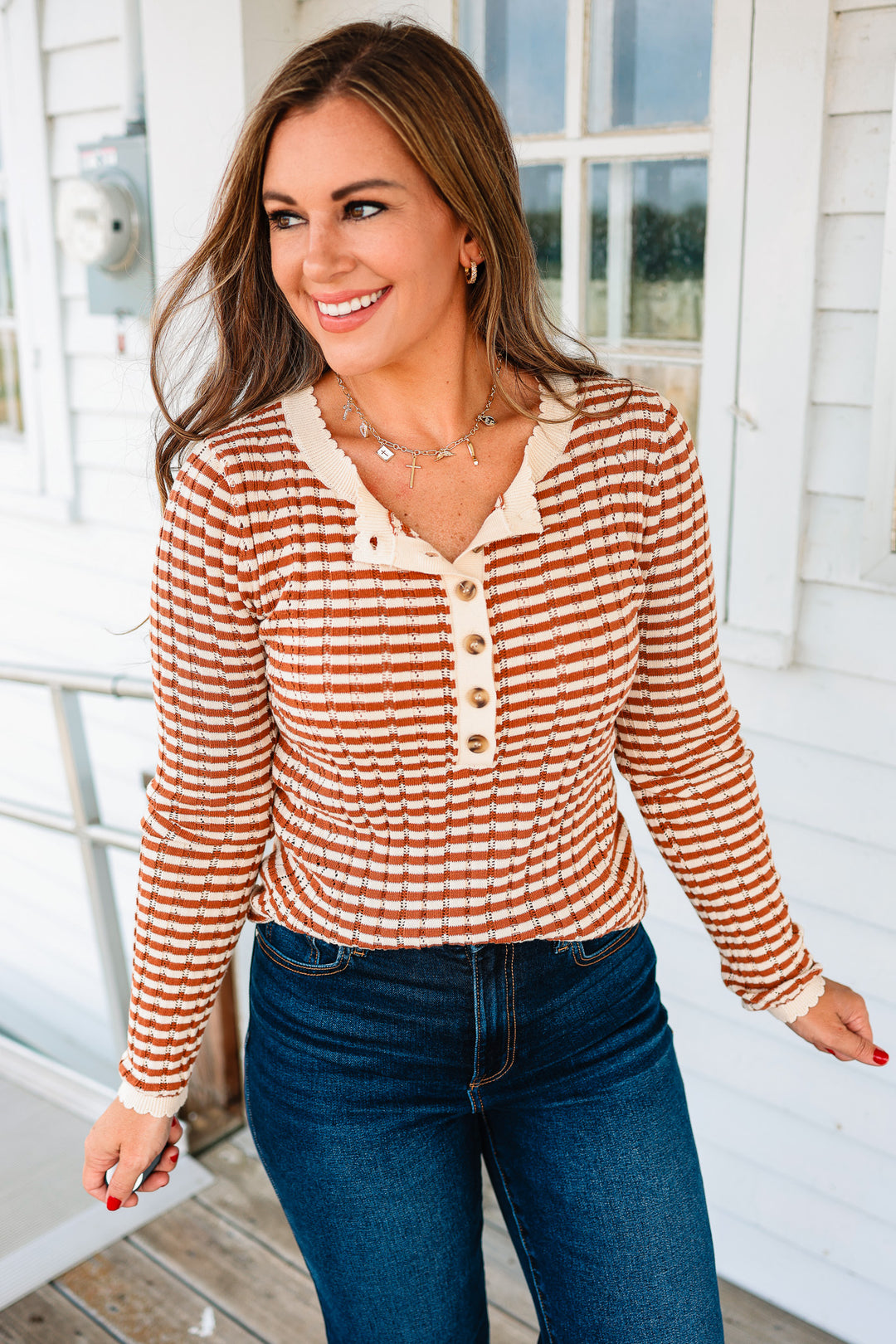 Gemma Pointelle Stripe Henley Top - Rust