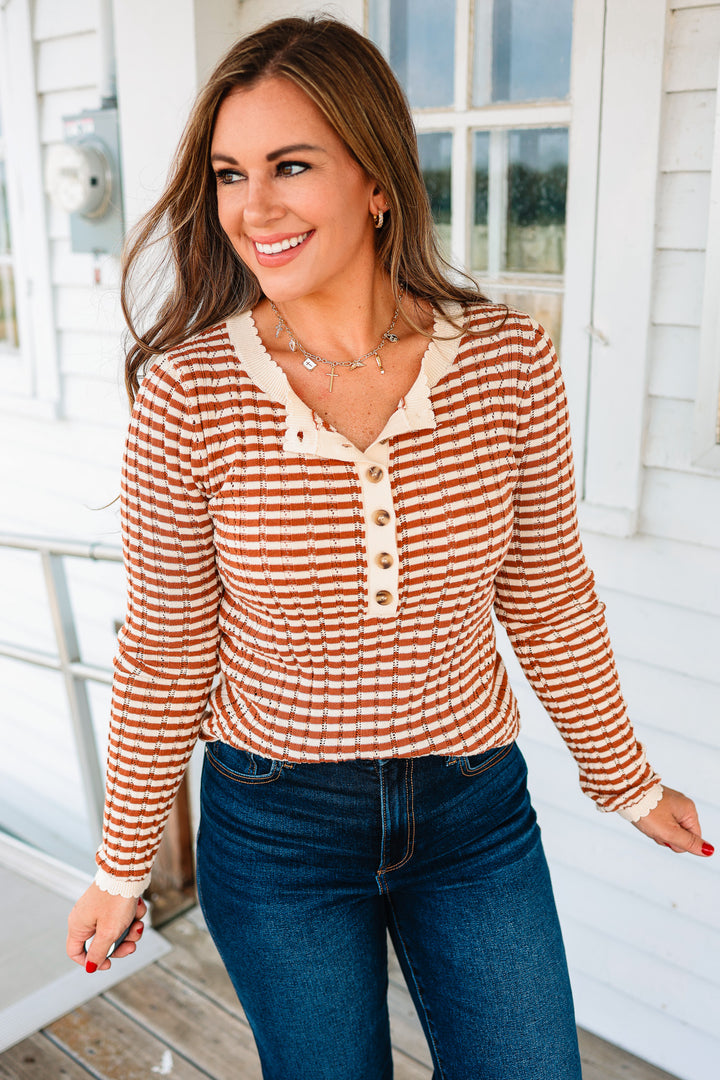 Gemma Pointelle Stripe Henley Top - Rust
