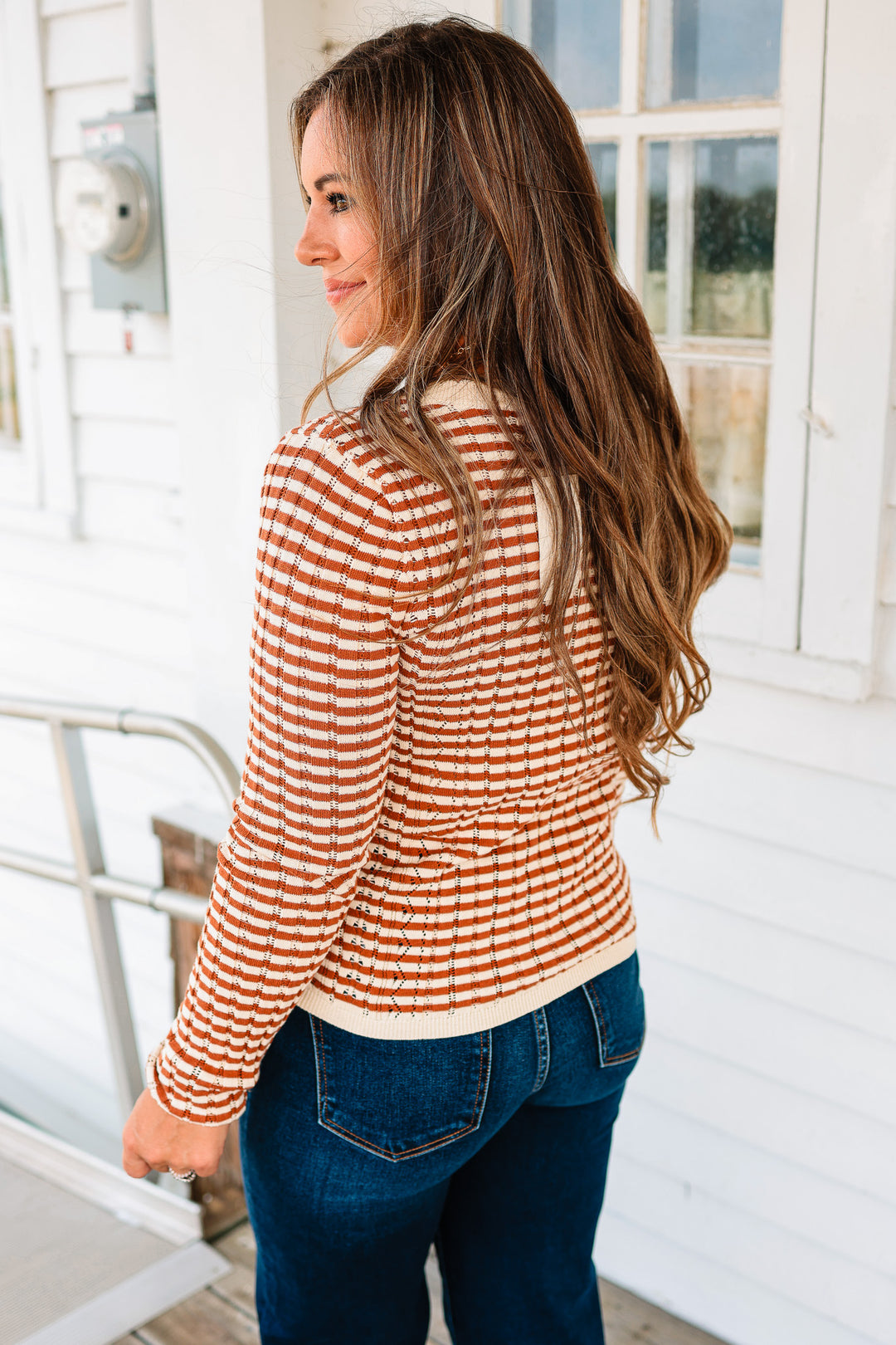 Gemma Pointelle Stripe Henley Top - Rust