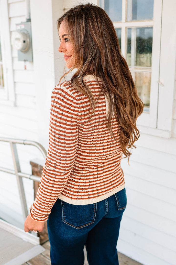 Gemma Pointelle Stripe Henley Top - Rust