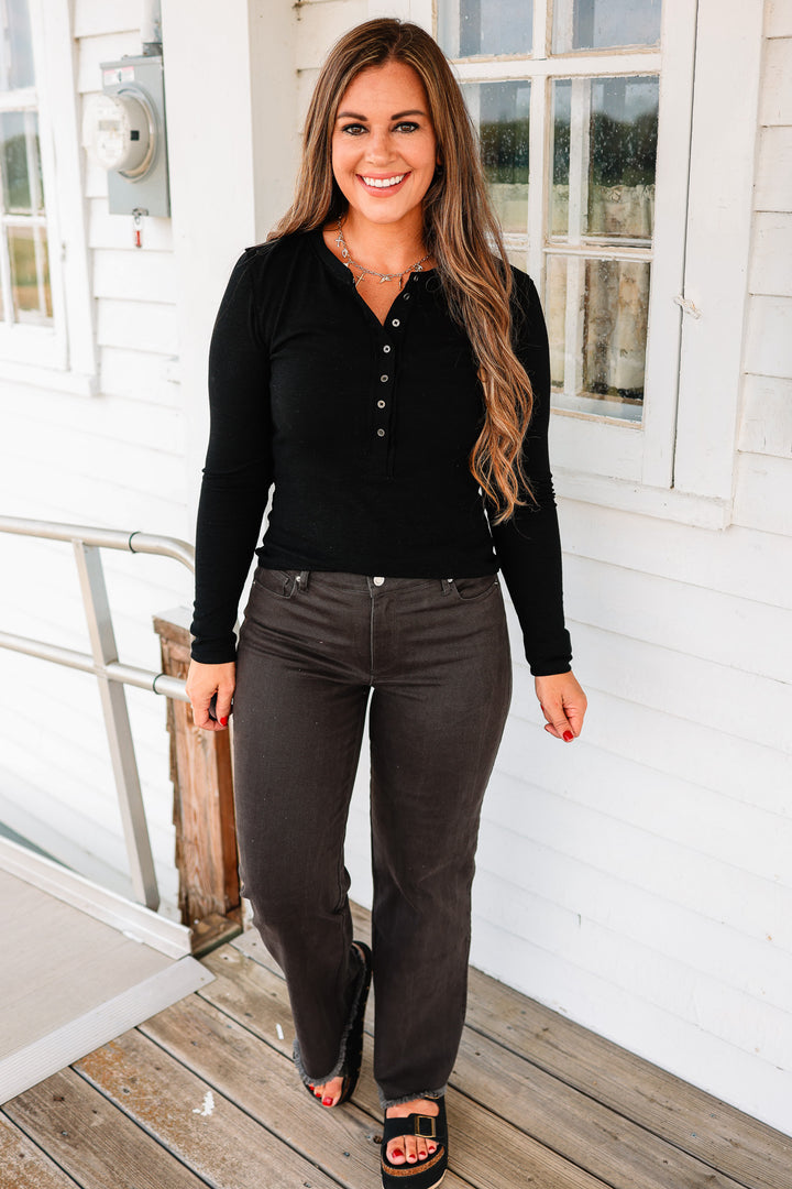 Mara Henley Long Sleeve Top - Black