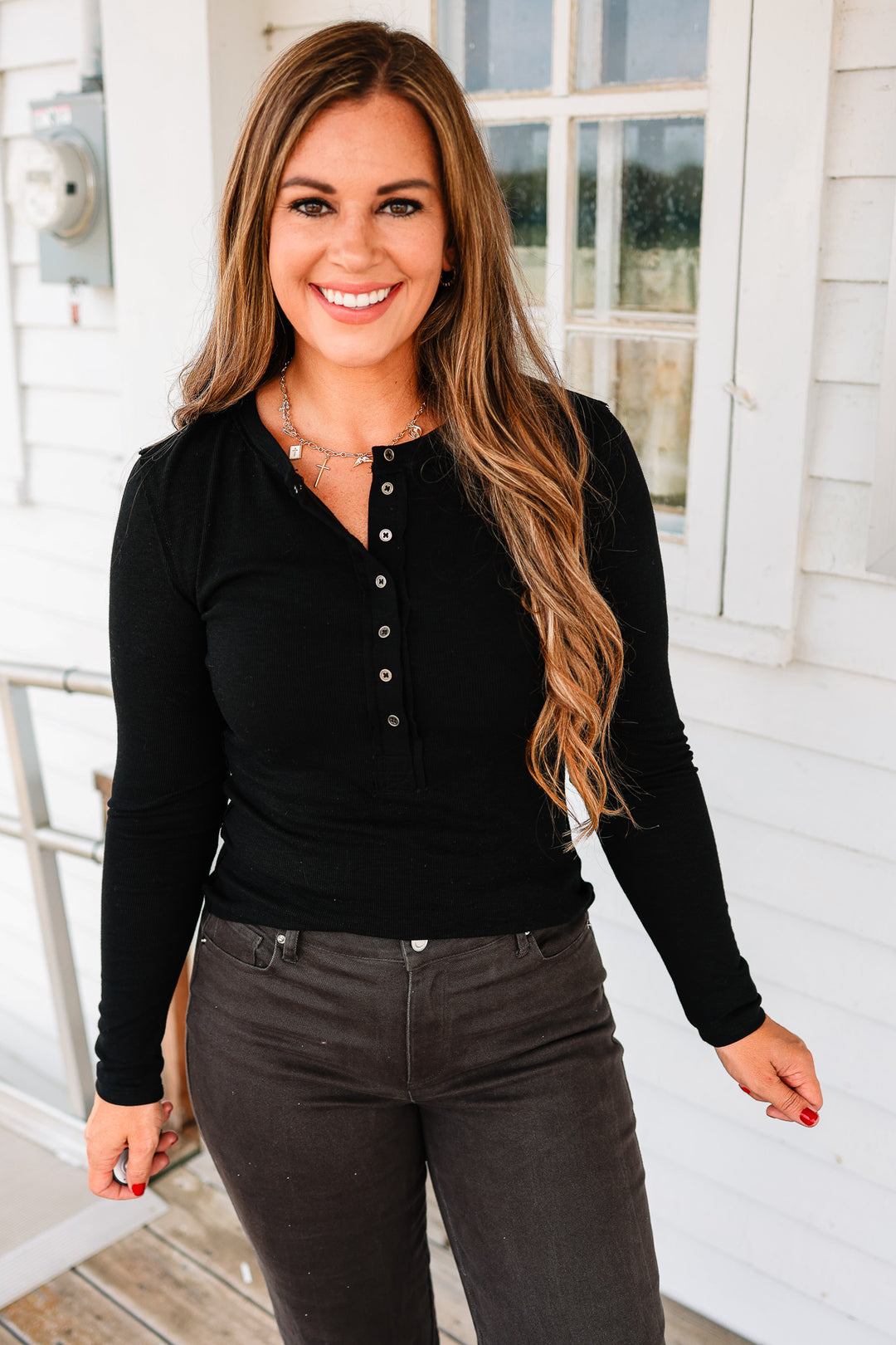 Mara Henley Long Sleeve Top - Black