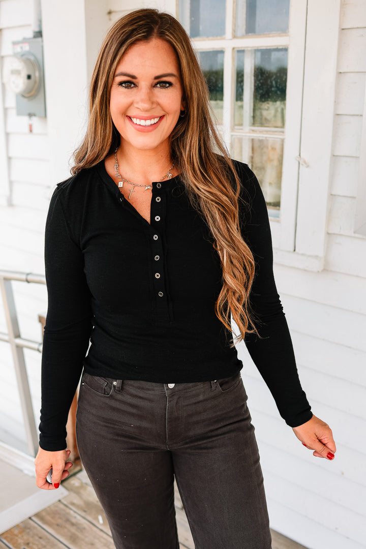 Mara Henley Long Sleeve Top - Black
