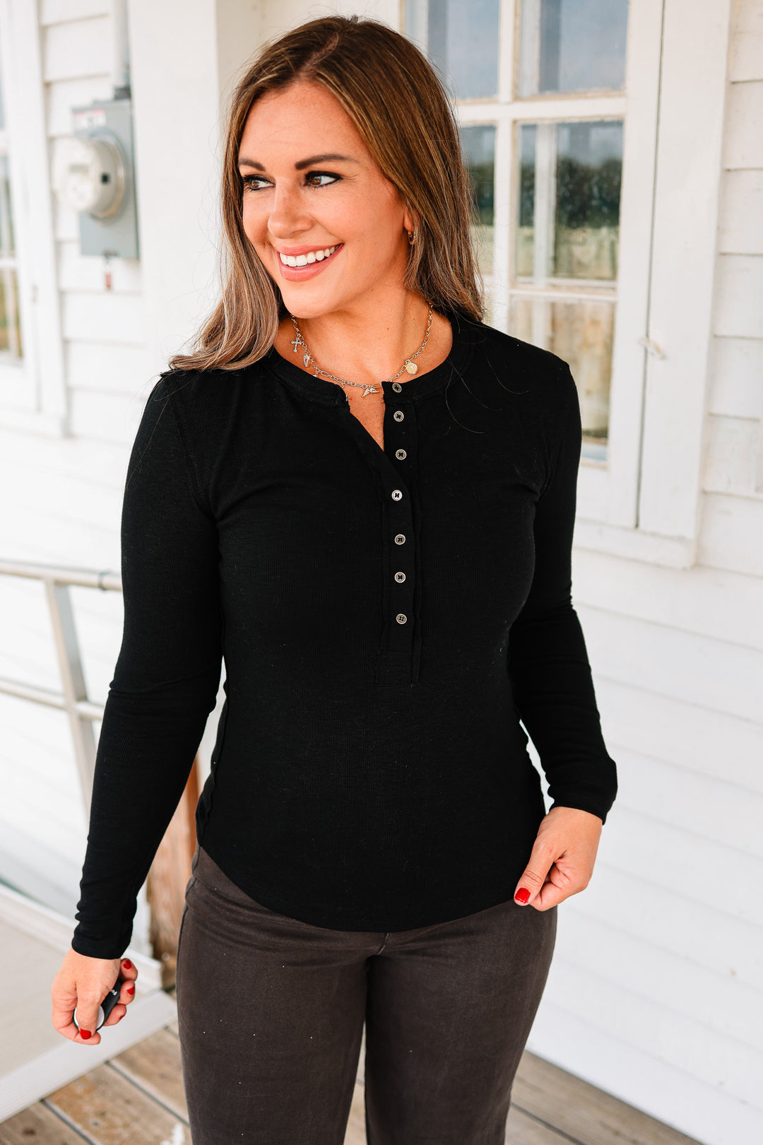 Mara Henley Long Sleeve Top - Black